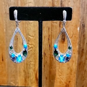 Sterling Silver Simulated Turquoise & Marcasite Teardrop Earrings